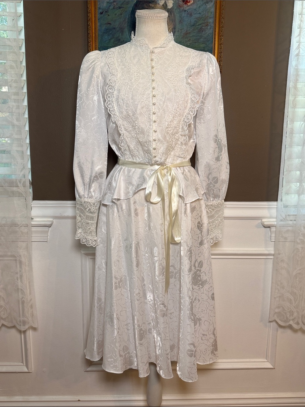 Vintage 80s Bridal Lace Pearl Blouse & High Low Skirt Set 7/8